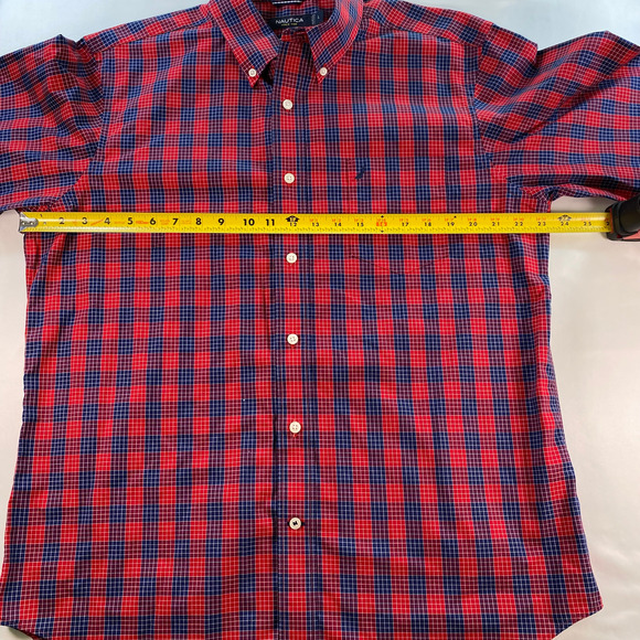 Nautica Wrinkle Resistant Long Sleeve Shirt LARGE Red & Blue Check Button Down - Picture 7 of 8